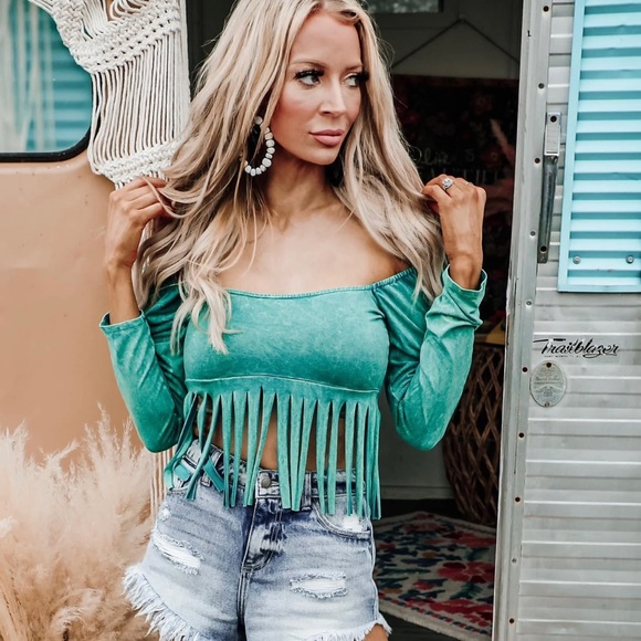 Turquoise 💙Mineral Dyed Fringe Crop Top -PLEASE READ DESCRIPTION ⬇️ - Picture 13 of 14